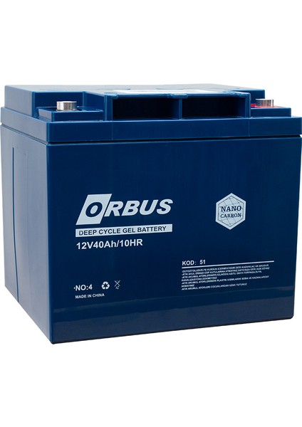Akü 12 Volt 40 Amper Orbus Jel Tip Carbon Solar Aküsü ( 197 x 165 x 170 mm )