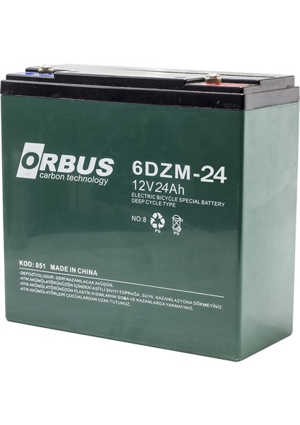 Akü 12 Volt 24 Amper Orbus / Kıjo ( 180 x 76 x 167 mm ) ( Elektirikli Bisiklet Aküsü ) 6 Dzm 24