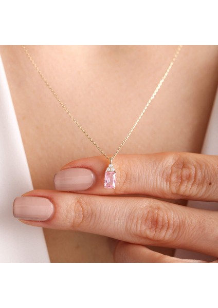 Sembol Gold Altın Baget Kolye Pink Topaz