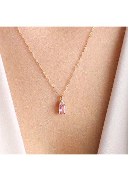 Sembol Gold Altın Baget Kolye Pink Topaz