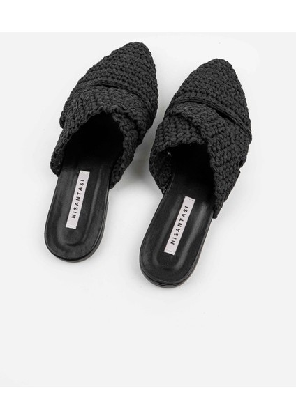 Laila Siyah Örgü Çapraz Bant Detay Kadın Terlik
