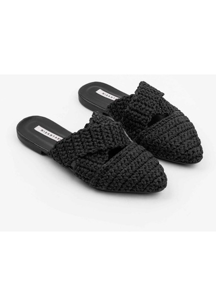 Laila Siyah Örgü Çapraz Bant Detay Kadın Terlik modelleri