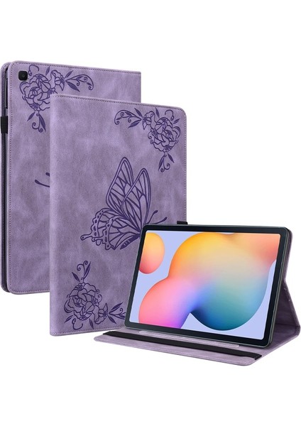 Samsung Galaxy Tab S6 Lite Için Çiçek Kelebek Baskılı Kart Yuvalı Darbeye Dayanıklı Pu Deri Tablet Kılıfı (Yurt Dışından)
