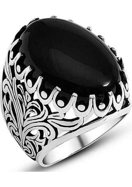925 Ayar Gümüş Oval Siyah Oniks Taşlı Erkek Yüzük