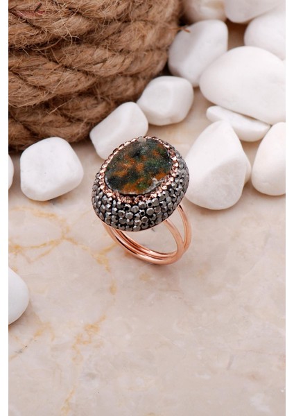 Doğal Krizopraz Taşlı Oval Rose Gümüş Yüzük fiyatları