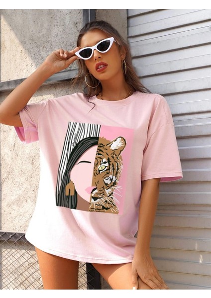 Kadın Pudra Pembe Leopar Baskılı Oversize T-Shirt