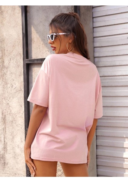 Kadın Pudra Pembe Leopar Baskılı Oversize T-Shirt