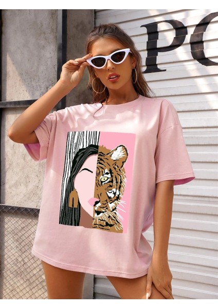 Kadın Pudra Pembe Leopar Baskılı Oversize T-Shirt