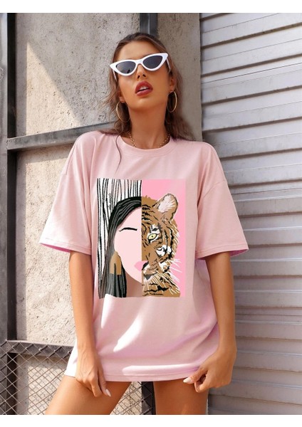 Kadın Pudra Pembe Leopar Baskılı Oversize T-Shirt