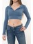 Kadın Mavi Polo Yaka Fitilli Örme Crop Bluz 2