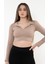 Kadın Kahverengi Polo Yaka Fitilli Örme Crop Bluz 2