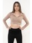 Kadın Kahverengi Polo Yaka Fitilli Örme Crop Bluz 3