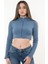 Kadın Mavi Fermuarlı Balıkçı Yaka Örme Crop Bluz 3