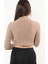 Kadın Kahverengi Fermuarlı Balıkçı Yaka Örme Crop Bluz 4