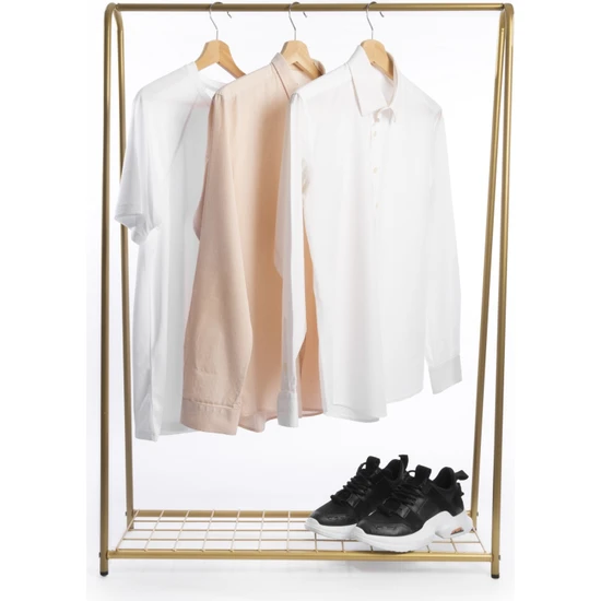 Fec Reklam Fec Reklam Raflı Metal Ayaklı Konfeksiyon Askılığı Gold Ayaklı Askılık Raflı Elbise Askılığı Kıyafet Askılığı