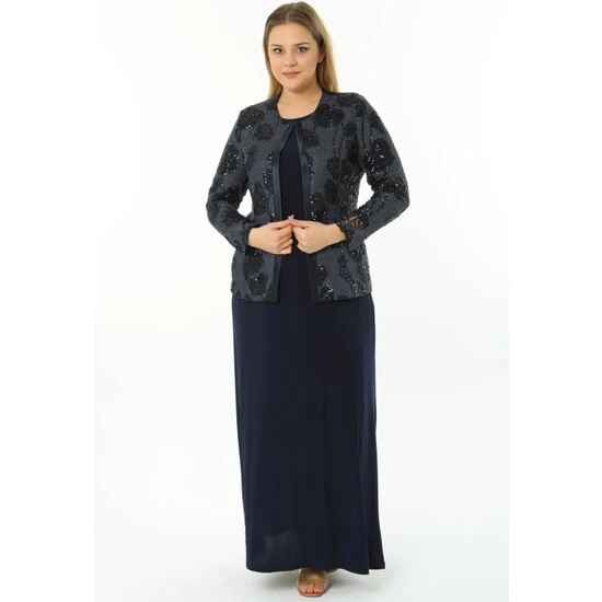 Ladies First Büyük Beden 3699 Lacivert Ceket+Elbise Takım