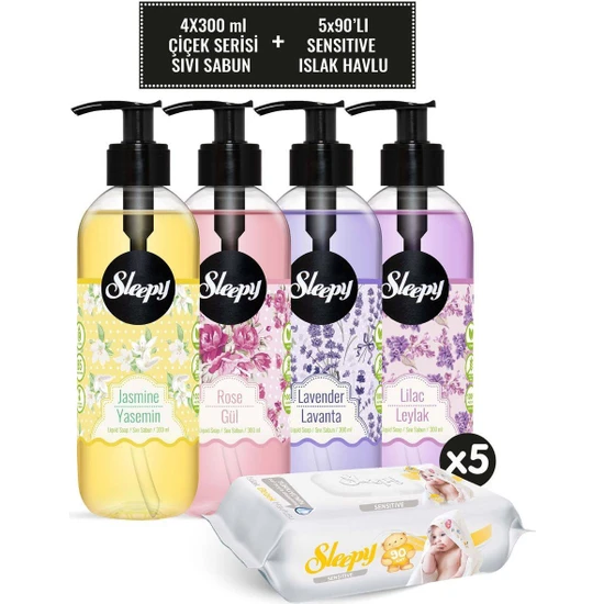 Sleepy Çiçek Serisi 4'lü Avantaj Paketi 4×300 ml Sıvı Sabun Seti + Sensitive Islak Havlu 5X90