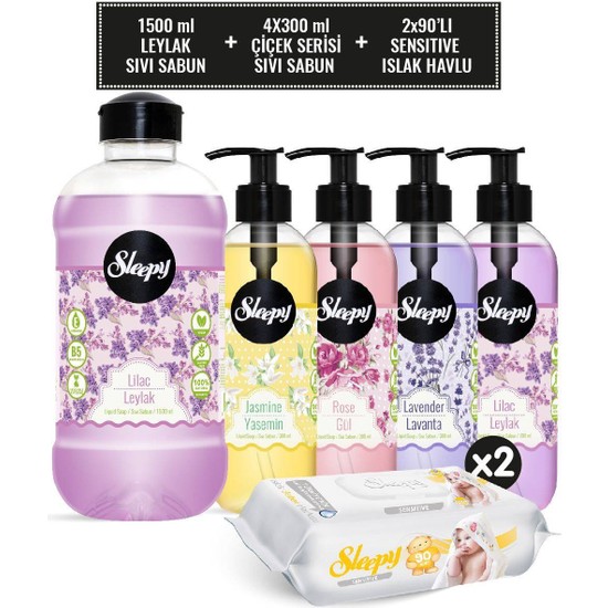 Sleepy Leylak Sıvı Sabun 1500 ml & Çiçek Serisi Sıvı Sabun Seti + Sensitive Islak Havlu 2X90