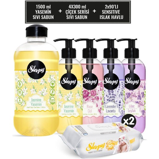 Sleepy Yasemin Sıvı Sabun 1500 ml & Çiçek Serisi Sıvı Sabun Seti + Sensitive Islak Havlu 2X90