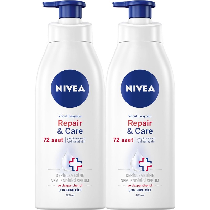 Nivea Repair&Care Vücut Losyonu 400 ml x2 Adet,Çok Kuru Ciltler,Gergin ve Kuru Ciltte 72 Saat