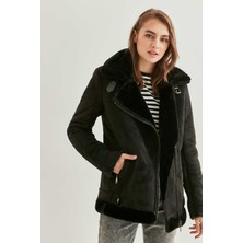 Vitrin Siyah Süet Suni Kürk Detaylı Uzun Biker Ceket