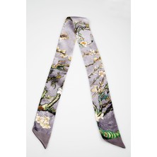 Lila Rosa Desenli Saf Ipek Twill Fular