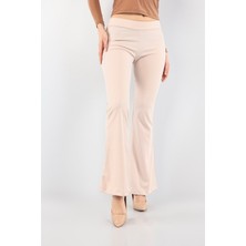 Kasheha Kadın Bej Krep Kumaş Likralı Yüksek Bel Toparlayıcı Ispanyol Paça Tayt Pantolon - KSH00079