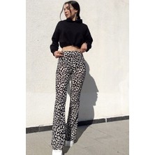 Kasheha Kadın Ekru-Siyah Krep Kumaş Zebra Desenli Yüksek Bel Likralı Ispanyol Paça Pantolon - KAD3325558