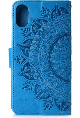 Hello-U Apple iPhone Xr Için Mandala Çiçek Baskılı Kayışlı Manyetik Pu Deri Cüzdan Kılıf - Mavi (Yurt Dışından)