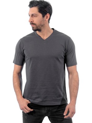 V Yaka Tişört, Koyu Gri -113E232- T-shirt, Tshirt, Kısa Kollu