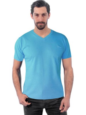 V Yaka Tişört, Açık Mavi -113E240- T-shirt, Tshirt, Kısa Kollu