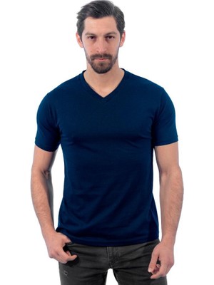 V Yaka Tişört, Lacivert -113E245- T-shirt, Tshirt, Kısa Kollu