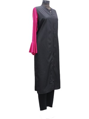 Hasema Eflin Kadın Giyim Siyah-Pembe Tam Kapalı Tesettür Mayo  Bone Dahil Büyük Beden Seçenekli