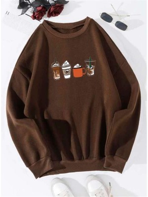 Trendseninle Kadın Kahverengi Oversize Coffee Baskılı Sweatshirt