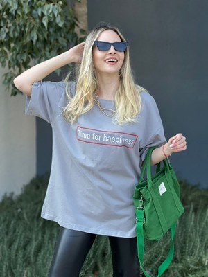 Trendseninle Kadın Boyamalı Gri Time For Happiness Oversize T-Shirt