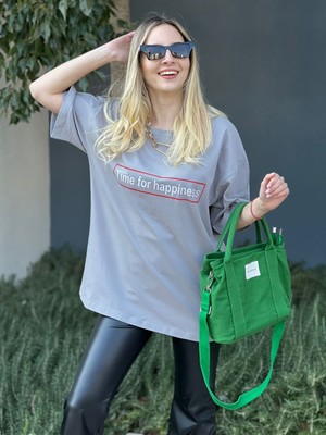 Trendseninle Kadın Boyamalı Gri Time For Happiness Oversize T-Shirt