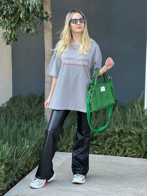 Trendseninle Kadın Boyamalı Gri Time For Happiness Oversize T-Shirt