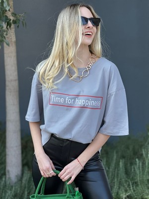 Trendseninle Kadın Boyamalı Gri Time For Happiness Oversize T-Shirt