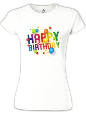 Lord T-Shirt LordT-Shirt Happy Birthday Beyaz Bayan Tshirt