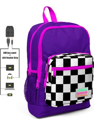 Coral High Kids Mor Dama Desenli  USB Şarjlı Kulaklık Çıkışlı Okul Sırt Çantası 23802