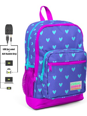 Coral High Kids Kalp Desenli USB Şarjlı Kulaklık Çıkışlı Okul Sırt Çantası 23806 Lavanta Pembe Renkli
