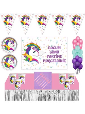Parti Furyası Unicorn Doğum Günü 24 Kişilik 70X100  cm Afişli Unicorn Doğum Günü Konsepti Masa Etekli