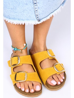 Manijero Irene Deri Çift Tokalı Hardal Terlik