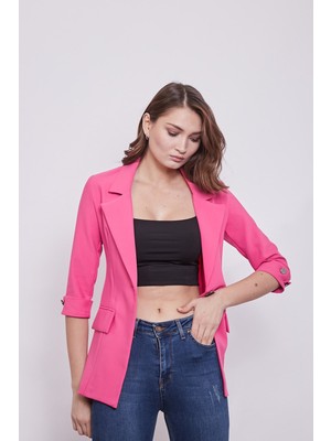 Metal Düğme Detaylı Cep Kapaklı Truvakar Kol Pamuklu Kumaş Blazer Spor Uzun Ceket-Koyu Pembe