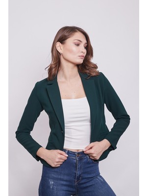 Yakalı Flato Cepli Uzun Kol Pamuklu Kumaş Kısa Blazer Ofis Ceket-Zümrüt