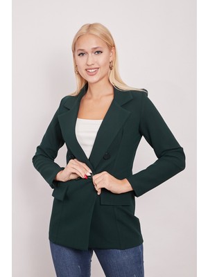 Kadın Düğme Detaylı Uzun Kol Şık Ofis Süs Cep Kapaklı Kumaş Blazer Ceket-Zümrüt
