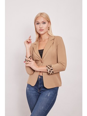 Yakalı Flato Cepli Kolu Duble Uzun Kol Ofis Şık Blazer Kumaş Ceket-Camel