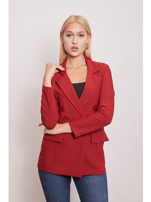 Kadın Düğme Detaylı Uzun Kol Şık Ofis Süs Cep Kapaklı Kumaş Blazer Ceket-Kiremit