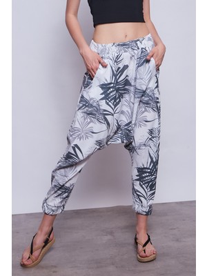 Kadın Desenli Beli ve Paçası Lastikli Cep Detaylı Şalvar Pantolon -Palmiye Desen
