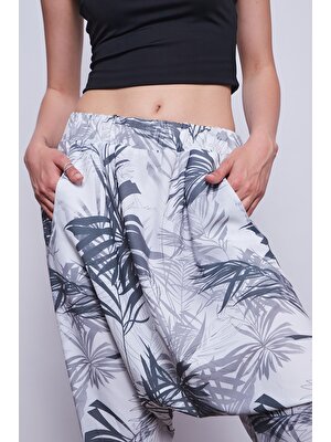Kadın Desenli Beli ve Paçası Lastikli Cep Detaylı Şalvar Pantolon -Palmiye Desen